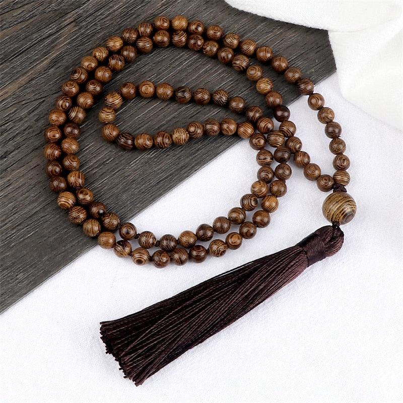 108 Wooden Beads Brown Tassel Mala Necklace